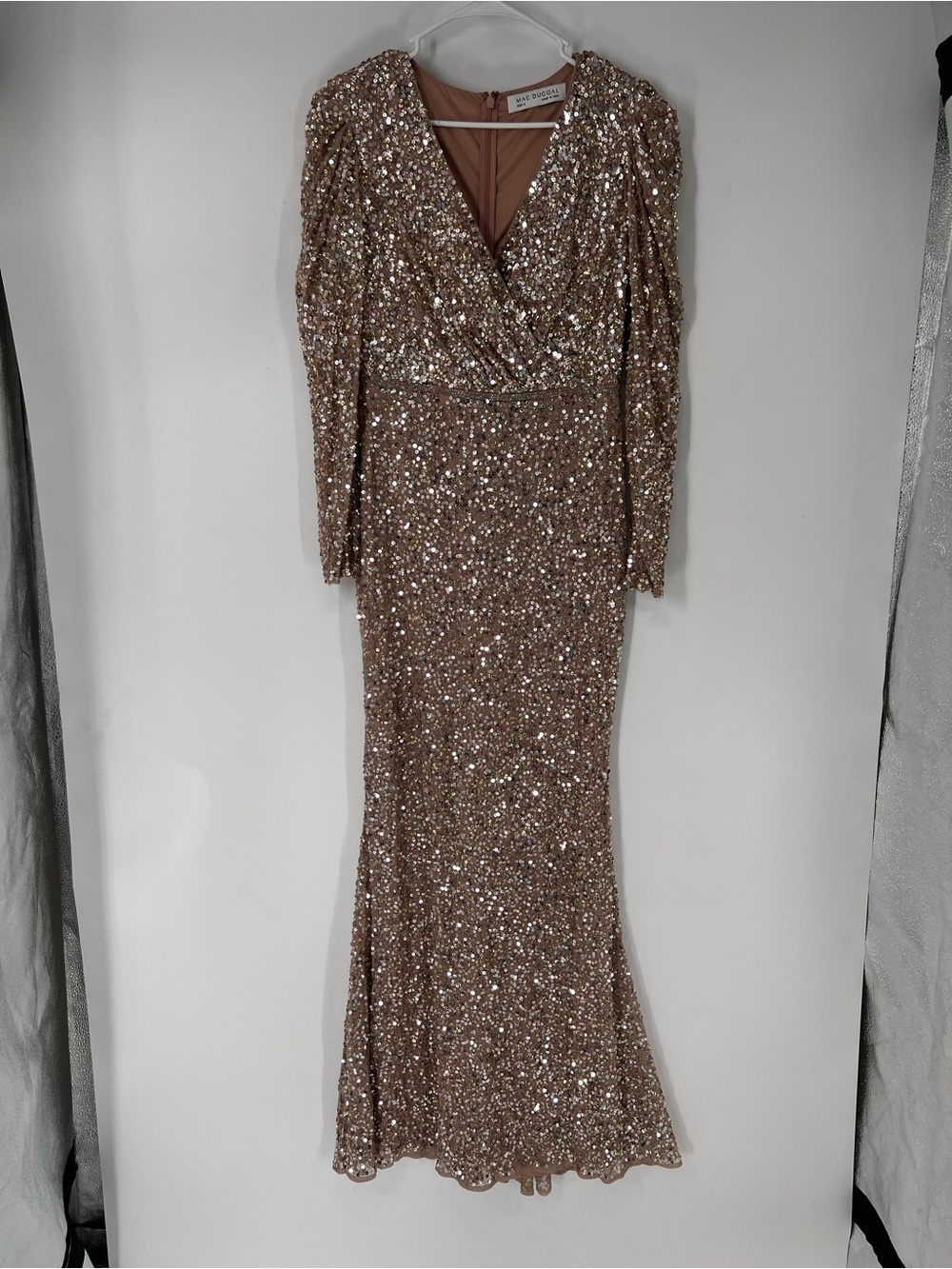 Mac Duggal Rose Gold Sequin V Neck Long Sleeve Formal Maxi Dress Gown 6